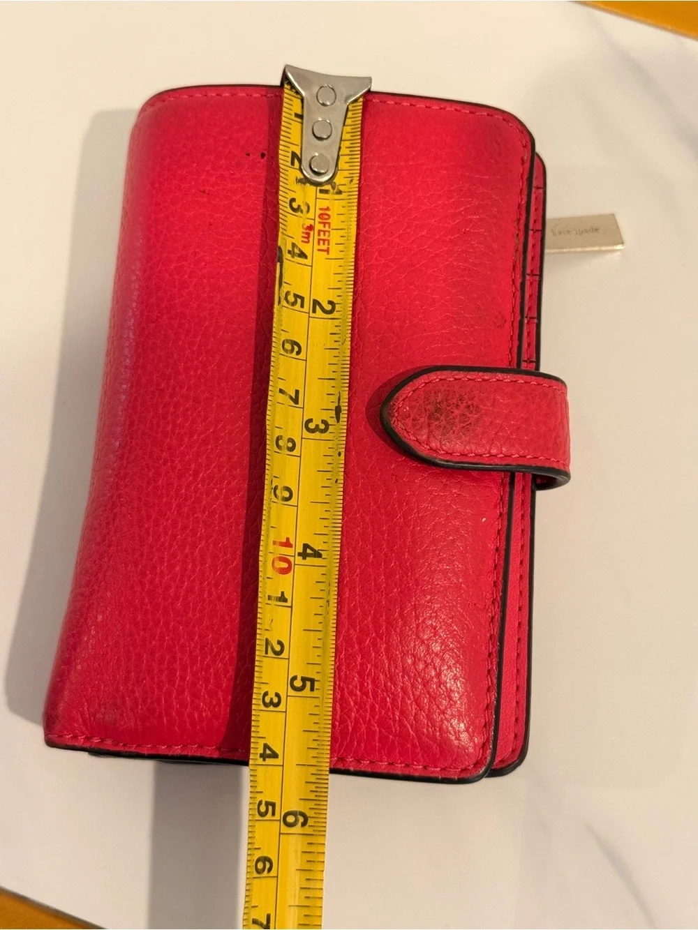 kate spade red pebbled leather snap wallet with gold logo‎